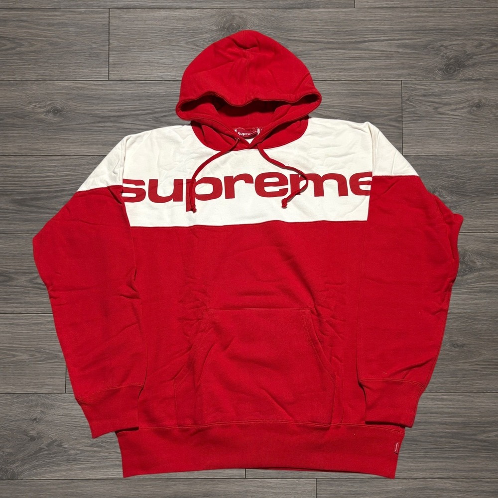 Supreme Block Logo Hoodie Size XL Red White Colorblock Made in Canada